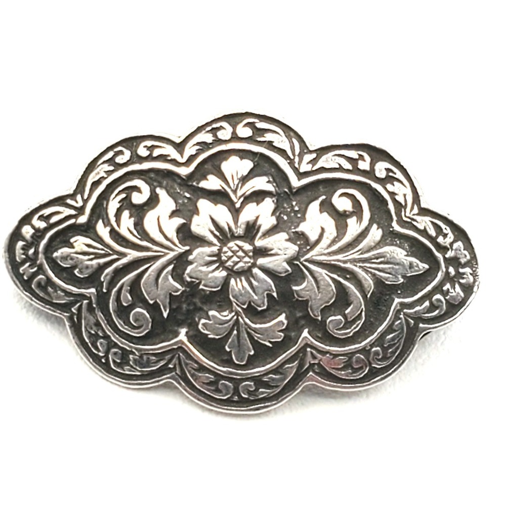 Vintage Sterling Silver Etched Floral  Brooch Pin